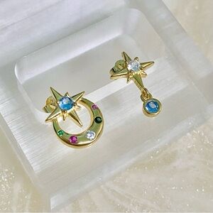 S925 Gold Starburst Earrings with Multicolor Accents